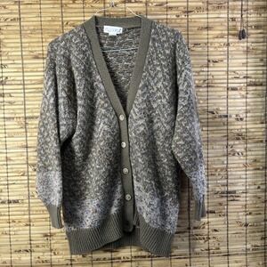 Vtg Sweater Button Cardigan Sz L Brown Chevron Slouchy Preppy Grunge Kurt Cobain